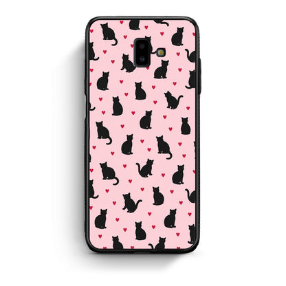 Θήκη Samsung Galaxy J6+ Black Cat Silhouettes and Hearts on Pink από τη Smartfits με σχέδιο στο πίσω μέρος και μαύρο περίβλημα | Samsung Galaxy J6+ Black Cat Silhouettes and Hearts on Pink case with colorful back and black bezels