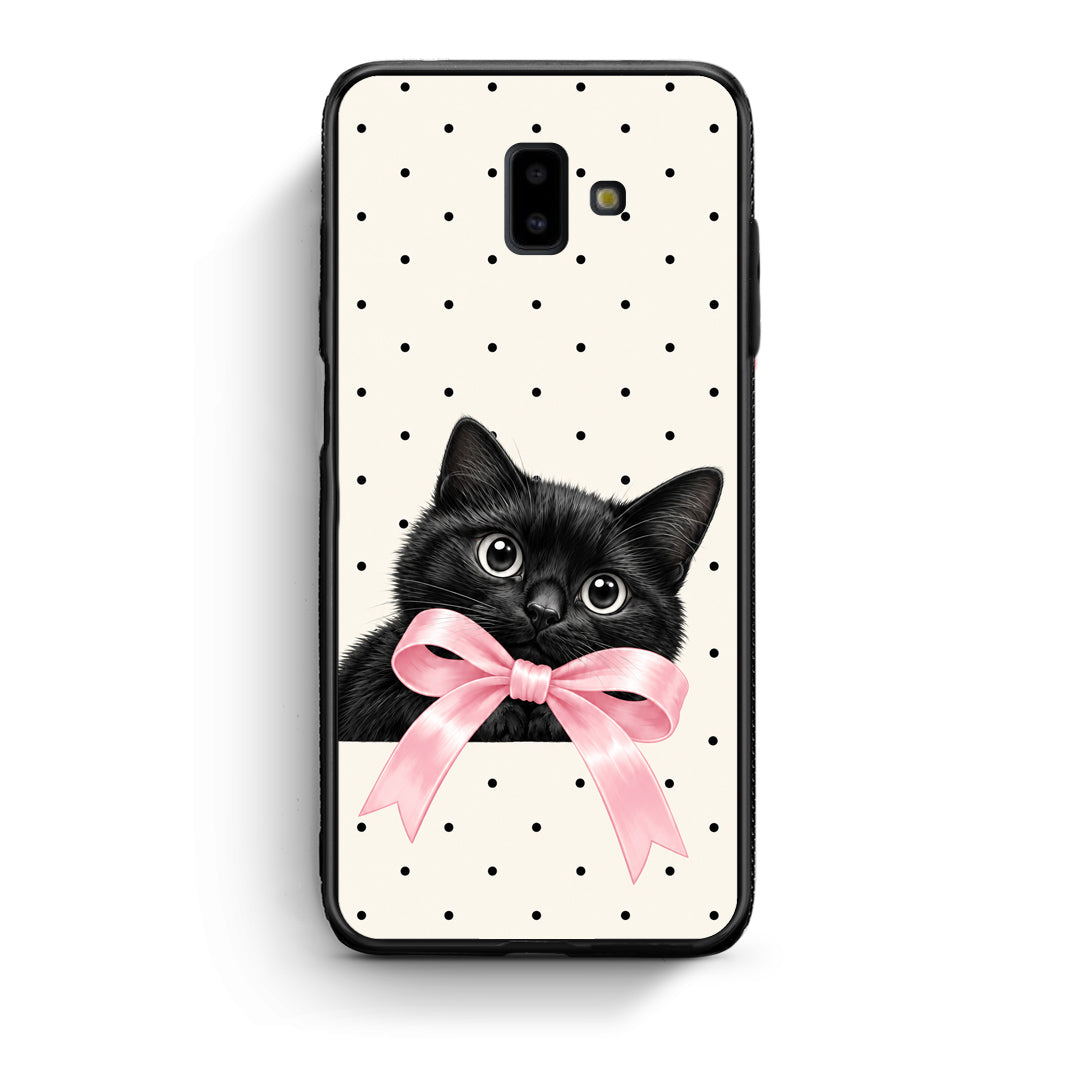 Θήκη Samsung Galaxy J6+ Black Kitten Pink Bow and Polka Dots από τη Smartfits με σχέδιο στο πίσω μέρος και μαύρο περίβλημα | Samsung Galaxy J6+ Black Kitten Pink Bow and Polka Dots case with colorful back and black bezels