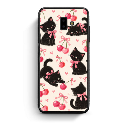 Θήκη Samsung Galaxy J6+ Black Kittens and Cherries on Cream από τη Smartfits με σχέδιο στο πίσω μέρος και μαύρο περίβλημα | Samsung Galaxy J6+ Black Kittens and Cherries on Cream case with colorful back and black bezels