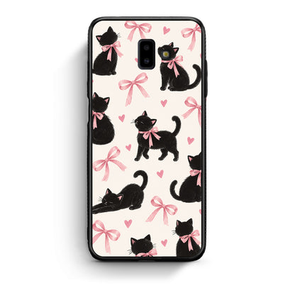 Θήκη Samsung Galaxy J6+ Black Kittens and Pink Bows on Cream Large από τη Smartfits με σχέδιο στο πίσω μέρος και μαύρο περίβλημα | Samsung Galaxy J6+ Black Kittens and Pink Bows on Cream Large case with colorful back and black bezels