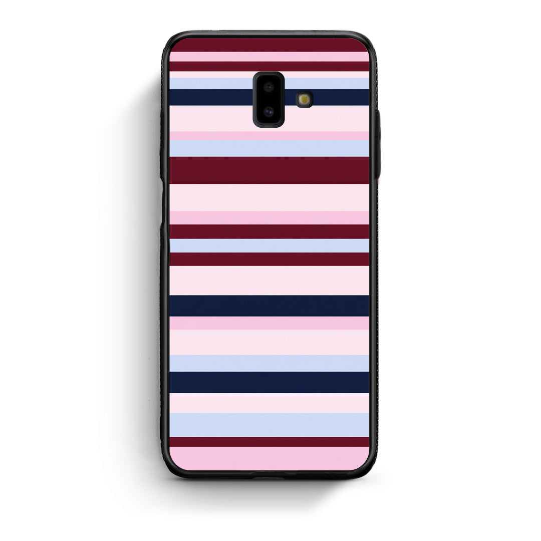 Θήκη Samsung Galaxy J6+ Burgundy Pink and Blue Horizontal Stripes από τη Smartfits με σχέδιο στο πίσω μέρος και μαύρο περίβλημα | Samsung Galaxy J6+ Burgundy Pink and Blue Horizontal Stripes case with colorful back and black bezels