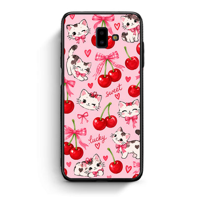 Θήκη Samsung Galaxy J6+ Cherries Bows and Kittens on Pink από τη Smartfits με σχέδιο στο πίσω μέρος και μαύρο περίβλημα | Samsung Galaxy J6+ Cherries Bows and Kittens on Pink case with colorful back and black bezels