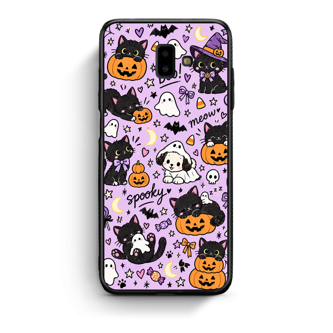 Θήκη Samsung Galaxy J6+ Halloween Black Cats on Lilac από τη Smartfits με σχέδιο στο πίσω μέρος και μαύρο περίβλημα | Samsung Galaxy J6+ Halloween Black Cats on Lilac case with colorful back and black bezels