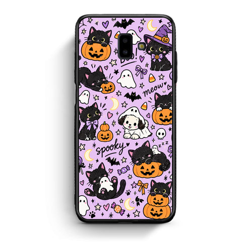 Θήκη Samsung Galaxy J6+ Halloween Black Cats on Lilac από τη Smartfits με σχέδιο στο πίσω μέρος και μαύρο περίβλημα | Samsung Galaxy J6+ Halloween Black Cats on Lilac case with colorful back and black bezels