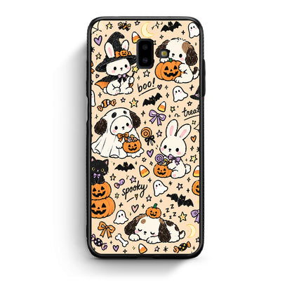 Θήκη Samsung Galaxy J6+ Halloween Puppies and Friends on Cream από τη Smartfits με σχέδιο στο πίσω μέρος και μαύρο περίβλημα | Samsung Galaxy J6+ Halloween Puppies and Friends on Cream case with colorful back and black bezels