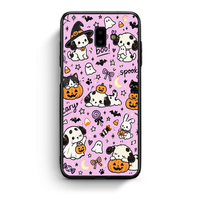 Θήκη Samsung Galaxy J6+ Halloween Puppies and Friends on Lilac από τη Smartfits με σχέδιο στο πίσω μέρος και μαύρο περίβλημα | Samsung Galaxy J6+ Halloween Puppies and Friends on Lilac case with colorful back and black bezels