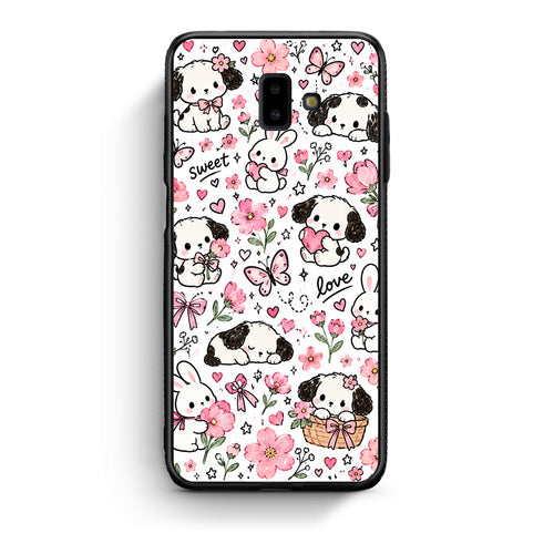 Θήκη Samsung Galaxy J6+ Pink Florals Puppies and Bunnies on White από τη Smartfits με σχέδιο στο πίσω μέρος και μαύρο περίβλημα | Samsung Galaxy J6+ Pink Florals Puppies and Bunnies on White case with colorful back and black bezels