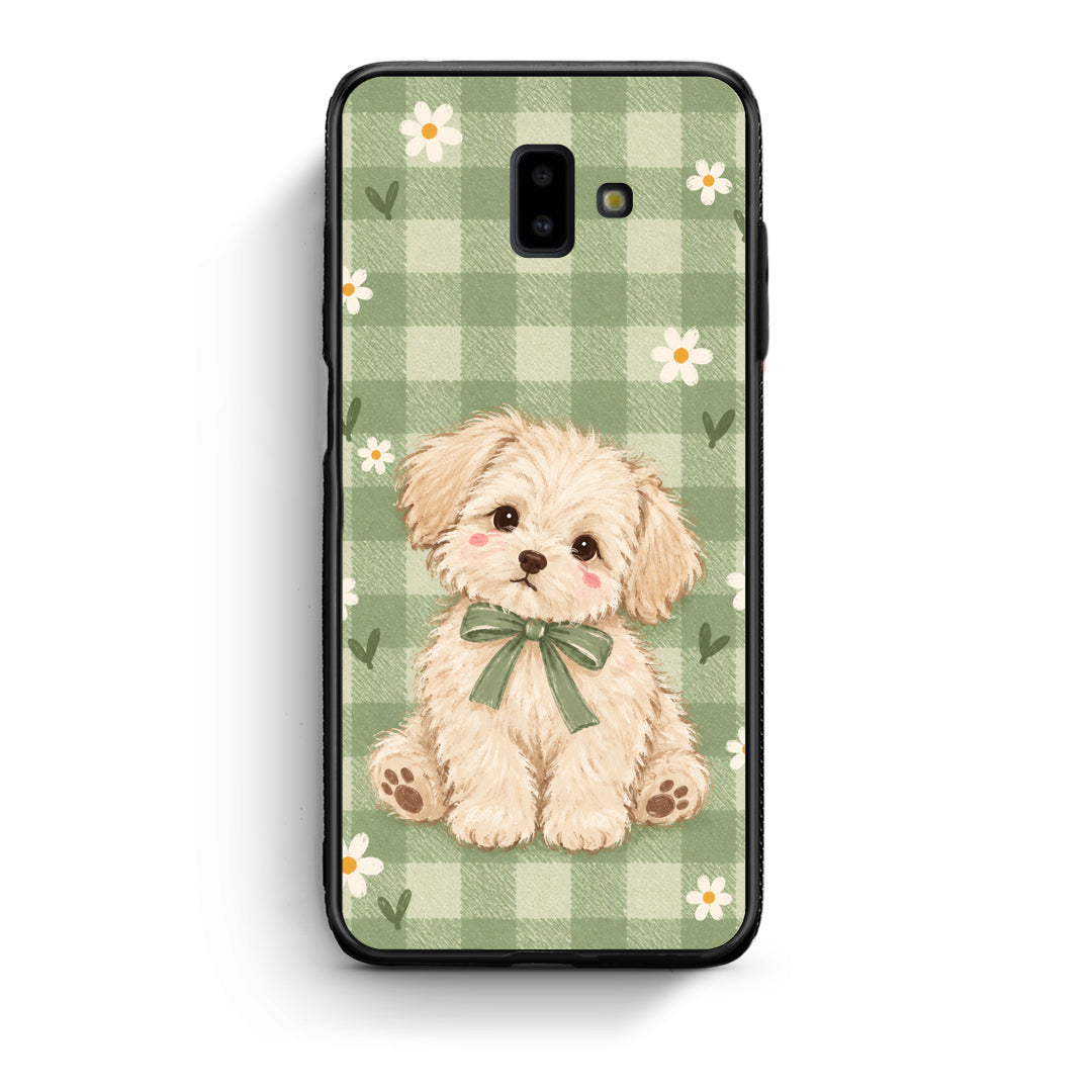 Θήκη Samsung Galaxy J6+ Puppy and Daisies on Sage Gingham από τη Smartfits με σχέδιο στο πίσω μέρος και μαύρο περίβλημα | Samsung Galaxy J6+ Puppy and Daisies on Sage Gingham case with colorful back and black bezels