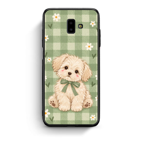 Θήκη Samsung Galaxy J6+ Puppy and Daisies on Sage Gingham από τη Smartfits με σχέδιο στο πίσω μέρος και μαύρο περίβλημα | Samsung Galaxy J6+ Puppy and Daisies on Sage Gingham case with colorful back and black bezels