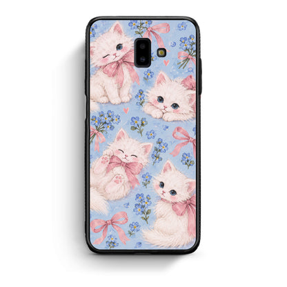 Θήκη Samsung Galaxy J6+ White Kittens and Blue Flowers Large από τη Smartfits με σχέδιο στο πίσω μέρος και μαύρο περίβλημα | Samsung Galaxy J6+ White Kittens and Blue Flowers Large case with colorful back and black bezels