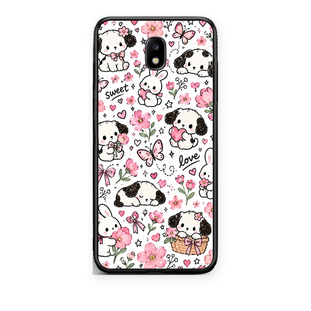 Θήκη Samsung Galaxy J5 2017 Pink Florals Puppies and Bunnies on White από τη Smartfits με σχέδιο στο πίσω μέρος και μαύρο περίβλημα | Samsung Galaxy J5 2017 Pink Florals Puppies and Bunnies on White case with colorful back and black bezels
