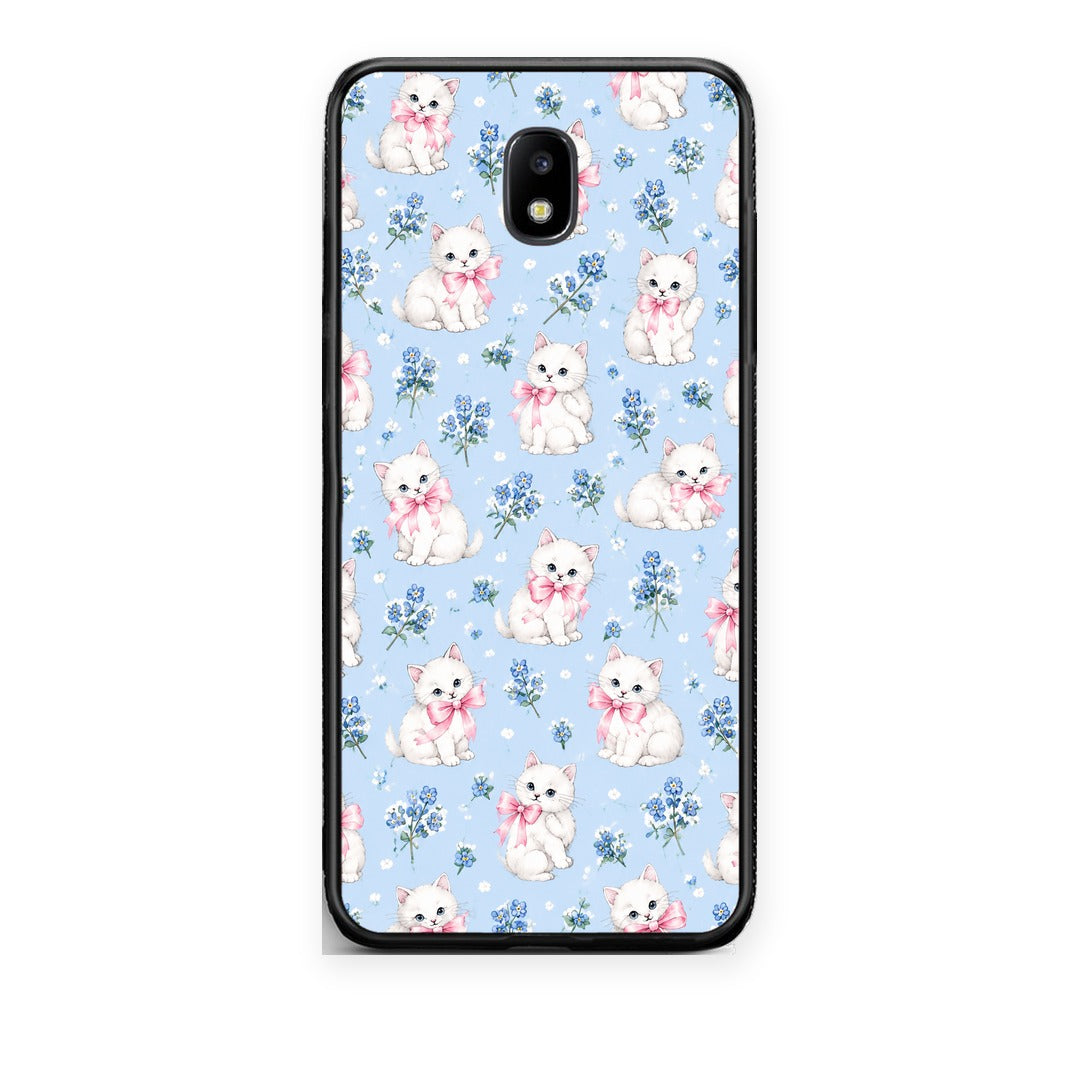 Θήκη Samsung Galaxy J5 2017 White Kittens and Blue Flowers Small από τη Smartfits με σχέδιο στο πίσω μέρος και μαύρο περίβλημα | Samsung Galaxy J5 2017 White Kittens and Blue Flowers Small case with colorful back and black bezels