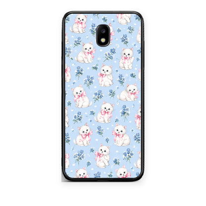 Θήκη Samsung Galaxy J5 2017 White Kittens and Blue Flowers Small από τη Smartfits με σχέδιο στο πίσω μέρος και μαύρο περίβλημα | Samsung Galaxy J5 2017 White Kittens and Blue Flowers Small case with colorful back and black bezels
