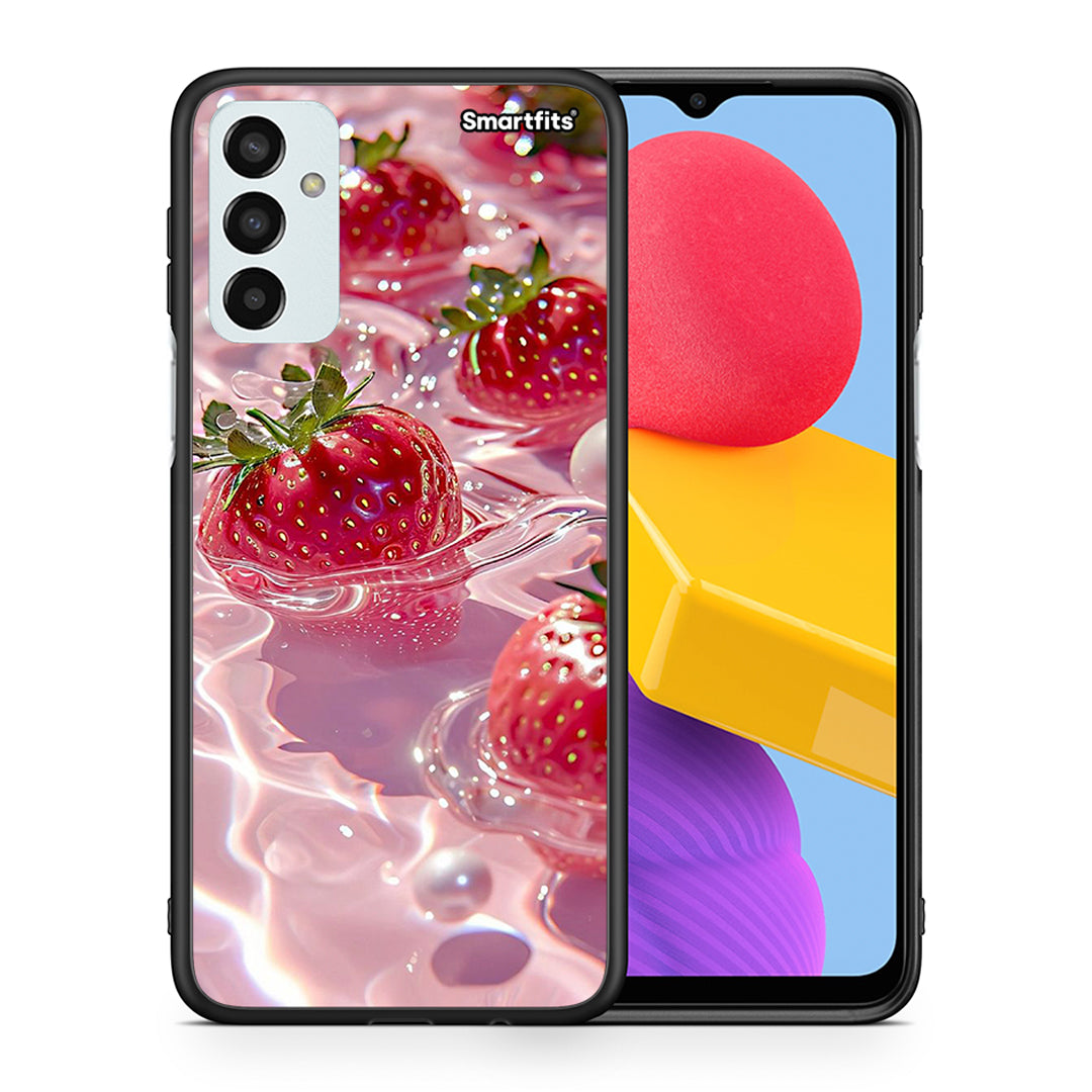 Θήκη Samsung M13 Juicy Strawberries από τη Smartfits με σχέδιο στο πίσω μέρος και μαύρο περίβλημα | Samsung M13 Juicy Strawberries case with colorful back and black bezels