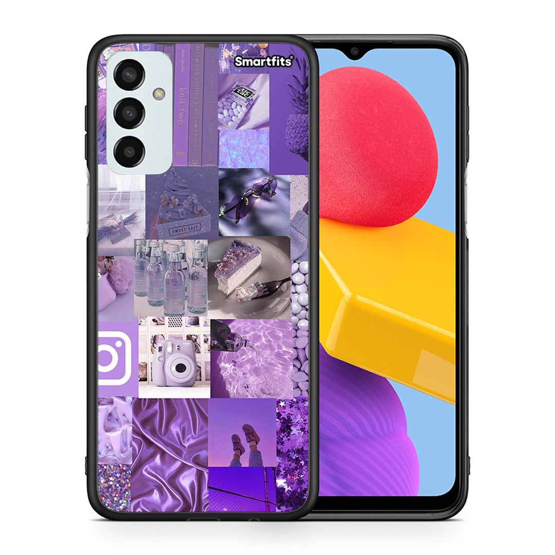 Θήκη Samsung M13 Purple Aesthetic Collage από τη Smartfits με σχέδιο στο πίσω μέρος και μαύρο περίβλημα | Samsung M13 Purple Aesthetic Collage case with colorful back and black bezels