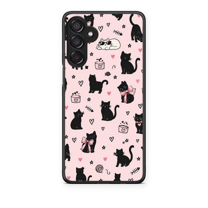 Θήκη Samsung Galaxy M15 Black Cat Doodles on Pink από τη Smartfits με σχέδιο στο πίσω μέρος και μαύρο περίβλημα | Samsung Galaxy M15 Black Cat Doodles on Pink case with colorful back and black bezels