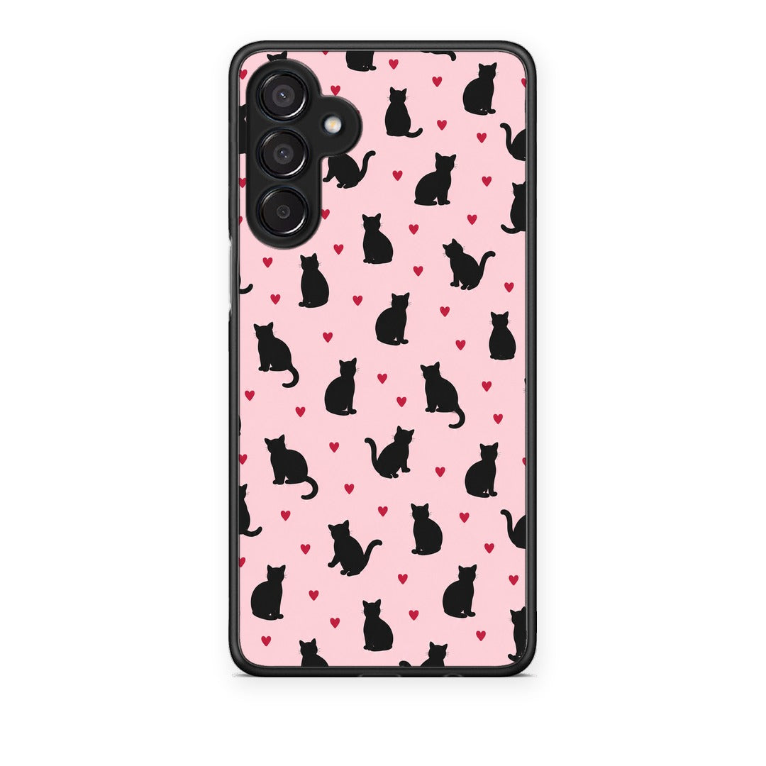Θήκη Samsung Galaxy M15 Black Cat Silhouettes and Hearts on Pink από τη Smartfits με σχέδιο στο πίσω μέρος και μαύρο περίβλημα | Samsung Galaxy M15 Black Cat Silhouettes and Hearts on Pink case with colorful back and black bezels