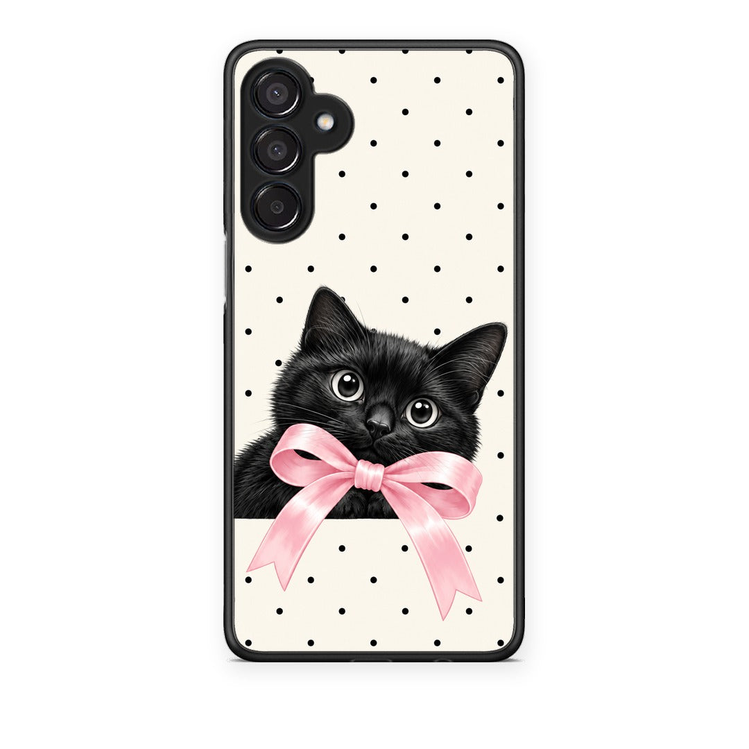 Θήκη Samsung Galaxy M15 Black Kitten Pink Bow and Polka Dots από τη Smartfits με σχέδιο στο πίσω μέρος και μαύρο περίβλημα | Samsung Galaxy M15 Black Kitten Pink Bow and Polka Dots case with colorful back and black bezels