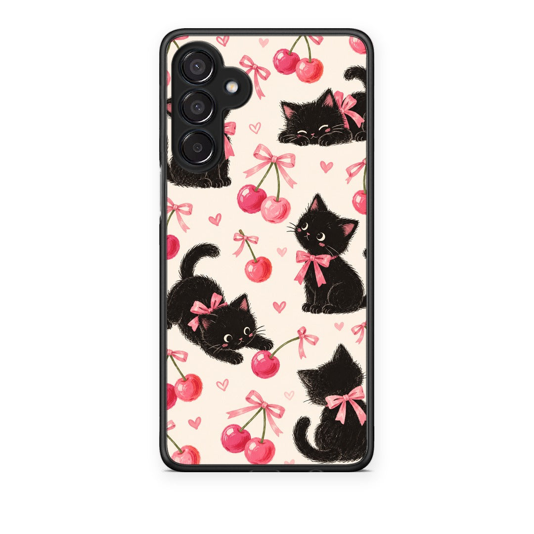 Θήκη Samsung Galaxy M15 Black Kittens and Cherries on Cream από τη Smartfits με σχέδιο στο πίσω μέρος και μαύρο περίβλημα | Samsung Galaxy M15 Black Kittens and Cherries on Cream case with colorful back and black bezels