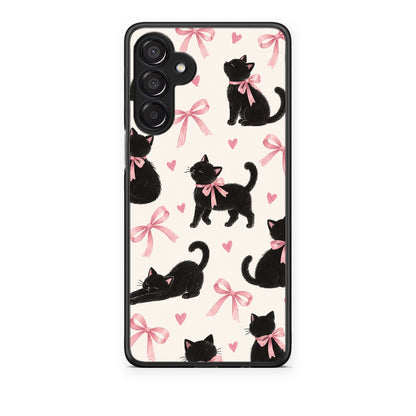 Θήκη Samsung Galaxy M15 Black Kittens and Pink Bows on Cream Large από τη Smartfits με σχέδιο στο πίσω μέρος και μαύρο περίβλημα | Samsung Galaxy M15 Black Kittens and Pink Bows on Cream Large case with colorful back and black bezels