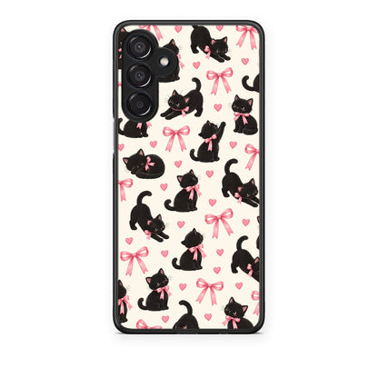 Θήκη Samsung Galaxy M15 Black Kittens and Pink Bows on Cream Small από τη Smartfits με σχέδιο στο πίσω μέρος και μαύρο περίβλημα | Samsung Galaxy M15 Black Kittens and Pink Bows on Cream Small case with colorful back and black bezels