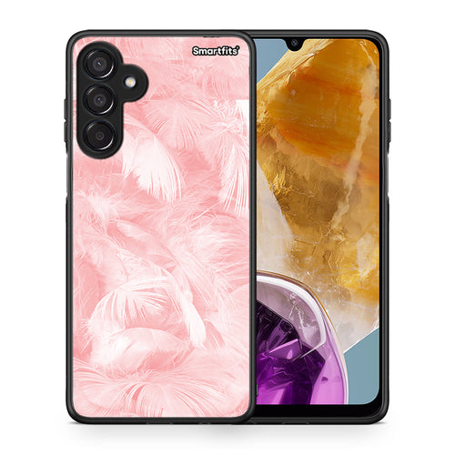 Θήκη Samsung Galaxy M15 Pink Feather Boho από τη Smartfits με σχέδιο στο πίσω μέρος και μαύρο περίβλημα | Samsung Galaxy M15 Pink Feather Boho case with colorful back and black bezels