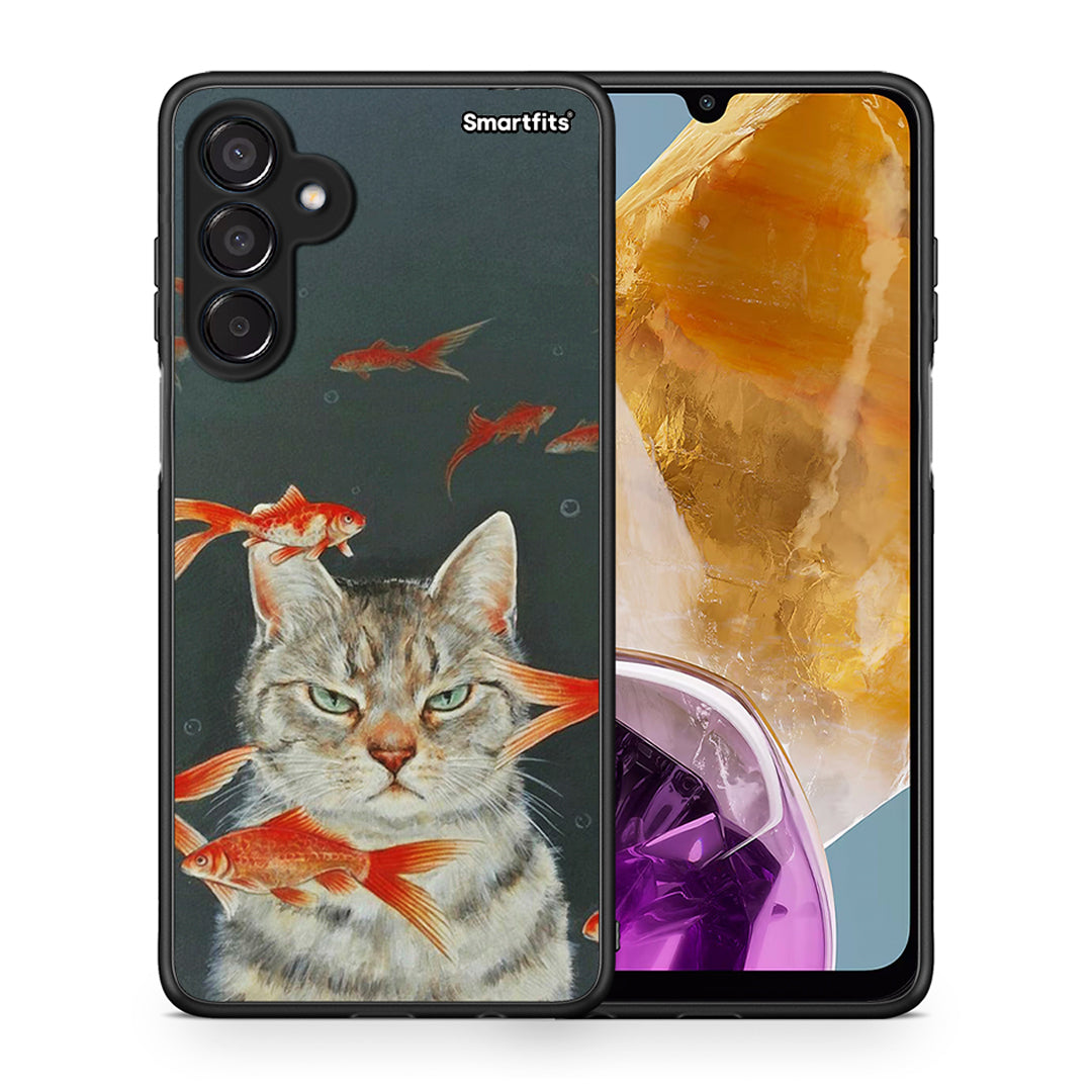Θήκη Samsung Galaxy M15 Cat Goldfish από τη Smartfits με σχέδιο στο πίσω μέρος και μαύρο περίβλημα | Samsung Galaxy M15 Cat Goldfish case with colorful back and black bezels