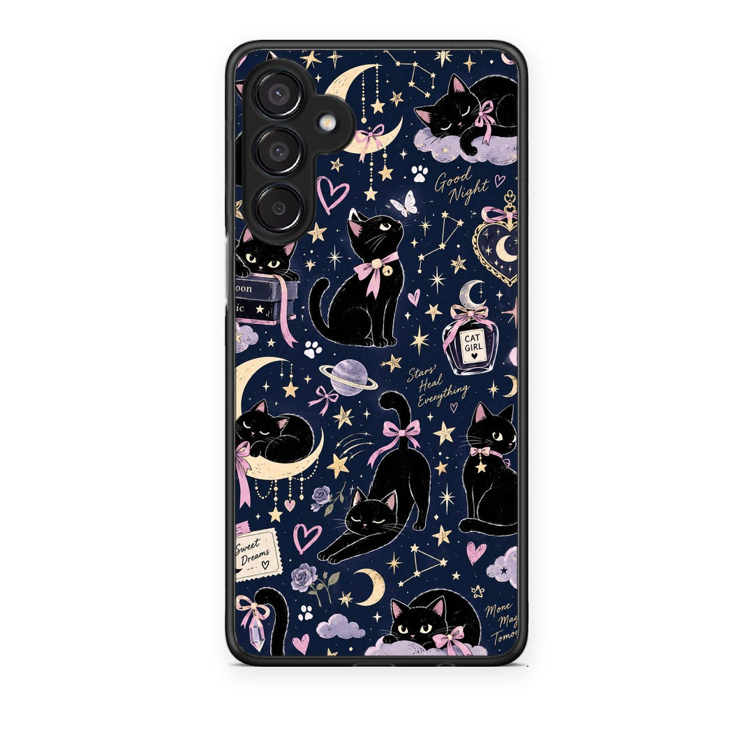 Θήκη Samsung Galaxy M15 Celestial Black Cats on Navy από τη Smartfits με σχέδιο στο πίσω μέρος και μαύρο περίβλημα | Samsung Galaxy M15 Celestial Black Cats on Navy case with colorful back and black bezels