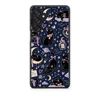 Θήκη Samsung Galaxy M15 Celestial Black Cats on Navy από τη Smartfits με σχέδιο στο πίσω μέρος και μαύρο περίβλημα | Samsung Galaxy M15 Celestial Black Cats on Navy case with colorful back and black bezels