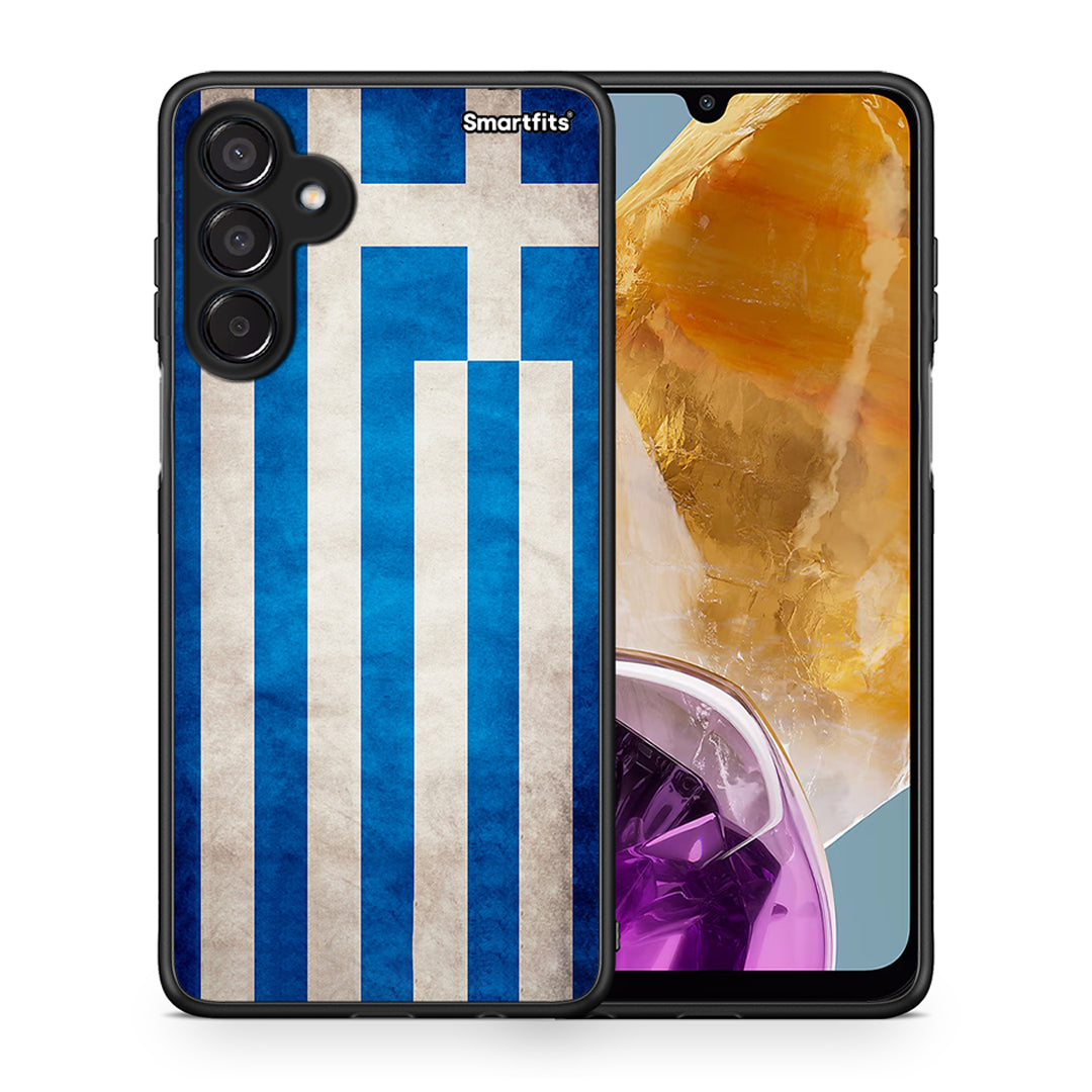 Θήκη Samsung Galaxy M15 Greek Flag από τη Smartfits με σχέδιο στο πίσω μέρος και μαύρο περίβλημα | Samsung Galaxy M15 Greek Flag case with colorful back and black bezels