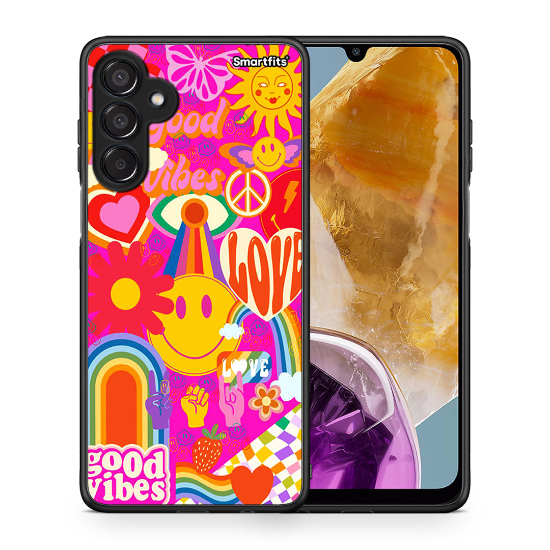 Θήκη Samsung Galaxy M15 Hippie Love από τη Smartfits με σχέδιο στο πίσω μέρος και μαύρο περίβλημα | Samsung Galaxy M15 Hippie Love case with colorful back and black bezels