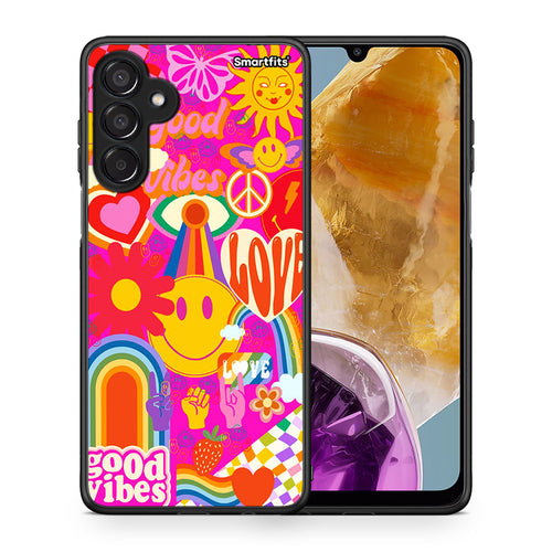Θήκη Samsung Galaxy M15 Hippie Love από τη Smartfits με σχέδιο στο πίσω μέρος και μαύρο περίβλημα | Samsung Galaxy M15 Hippie Love case with colorful back and black bezels