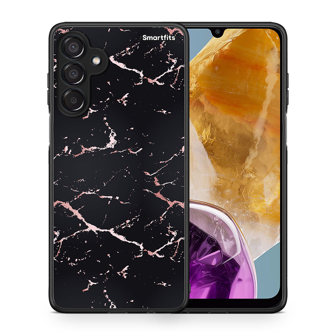 Θήκη Samsung Galaxy M15 Black Rosegold Marble από τη Smartfits με σχέδιο στο πίσω μέρος και μαύρο περίβλημα | Samsung Galaxy M15 Black Rosegold Marble case with colorful back and black bezels