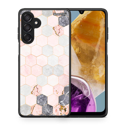 Θήκη Samsung Galaxy M15 Hexagon Pink Marble από τη Smartfits με σχέδιο στο πίσω μέρος και μαύρο περίβλημα | Samsung Galaxy M15 Hexagon Pink Marble case with colorful back and black bezels
