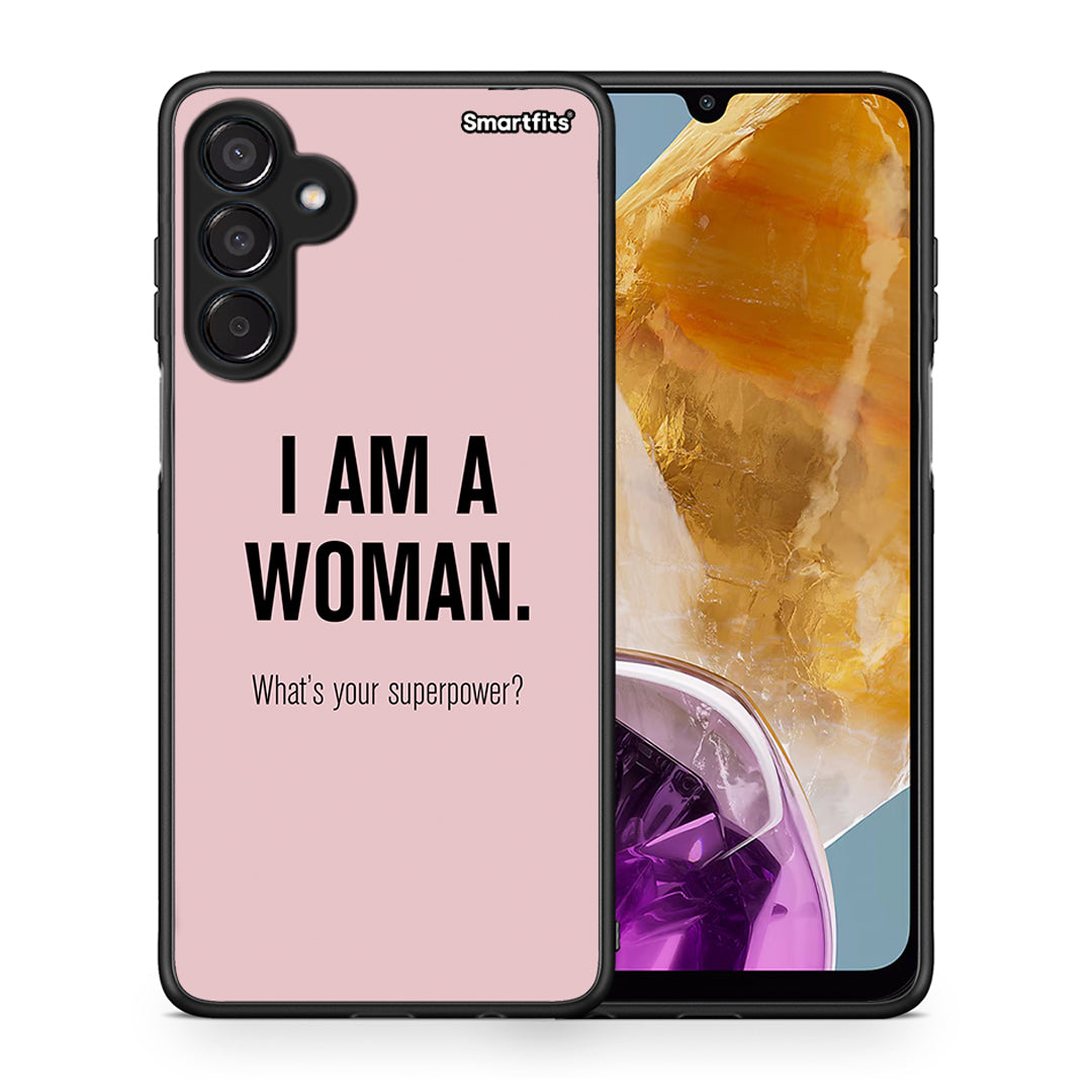 Θήκη Samsung Galaxy M15 Superpower Woman από τη Smartfits με σχέδιο στο πίσω μέρος και μαύρο περίβλημα | Samsung Galaxy M15 Superpower Woman case with colorful back and black bezels