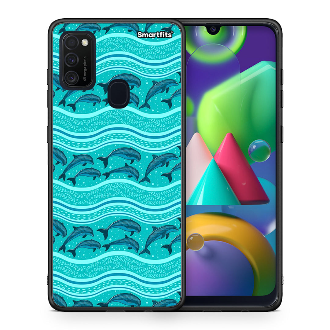 Θήκη Samsung M21/M31 Swimming Dolphins από τη Smartfits με σχέδιο στο πίσω μέρος και μαύρο περίβλημα | Samsung M21/M31 Swimming Dolphins case with colorful back and black bezels