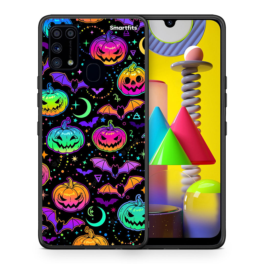 Θήκη Samsung M31 Neon Halloween από τη Smartfits με σχέδιο στο πίσω μέρος και μαύρο περίβλημα | Samsung M31 Neon Halloween case with colorful back and black bezels