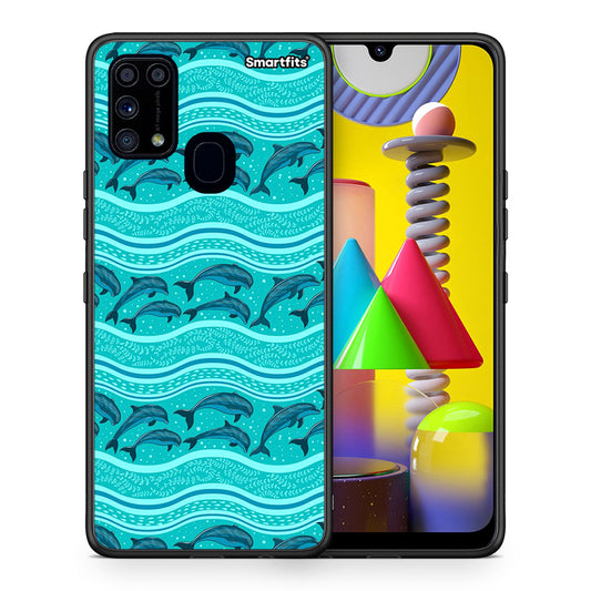 Θήκη Samsung M31 Swimming Dolphins από τη Smartfits με σχέδιο στο πίσω μέρος και μαύρο περίβλημα | Samsung M31 Swimming Dolphins case with colorful back and black bezels