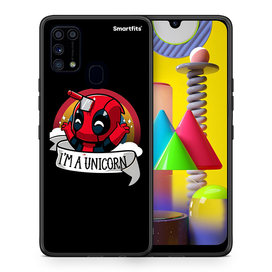 Θήκη Samsung M31 Unicorn Deadpool από τη Smartfits με σχέδιο στο πίσω μέρος και μαύρο περίβλημα | Samsung M31 Unicorn Deadpool case with colorful back and black bezels