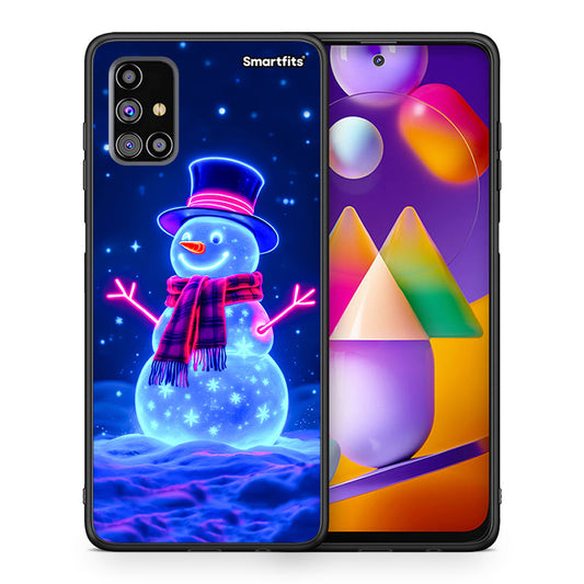 Θήκη Samsung M31s Christmas Neon Snowman από τη Smartfits με σχέδιο στο πίσω μέρος και μαύρο περίβλημα | Samsung M31s Christmas Neon Snowman case with colorful back and black bezels