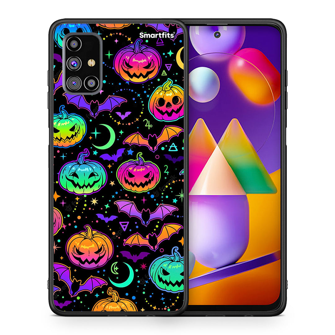 Θήκη Samsung M31s Neon Halloween από τη Smartfits με σχέδιο στο πίσω μέρος και μαύρο περίβλημα | Samsung M31s Neon Halloween case with colorful back and black bezels