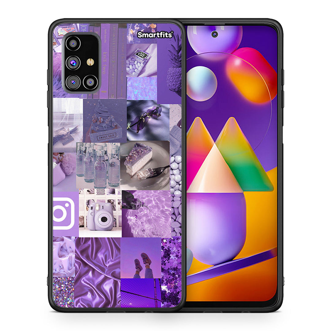 Θήκη Samsung M31s Purple Aesthetic Collage από τη Smartfits με σχέδιο στο πίσω μέρος και μαύρο περίβλημα | Samsung M31s Purple Aesthetic Collage case with colorful back and black bezels