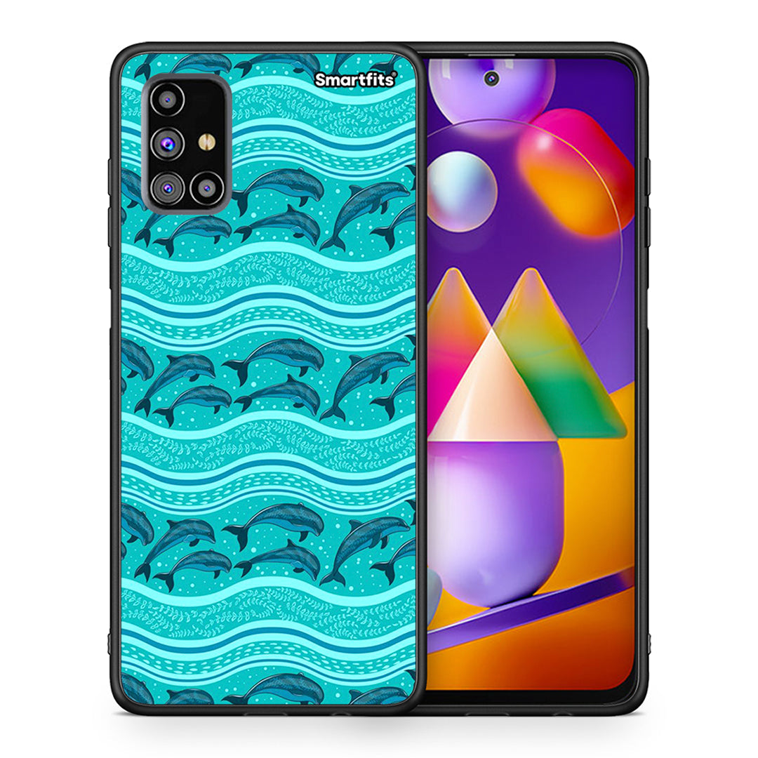 Θήκη Samsung M31s Swimming Dolphins από τη Smartfits με σχέδιο στο πίσω μέρος και μαύρο περίβλημα | Samsung M31s Swimming Dolphins case with colorful back and black bezels