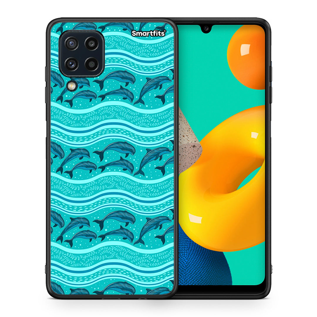 Θήκη Samsung M32 4G Swimming Dolphins από τη Smartfits με σχέδιο στο πίσω μέρος και μαύρο περίβλημα | Samsung M32 4G Swimming Dolphins case with colorful back and black bezels