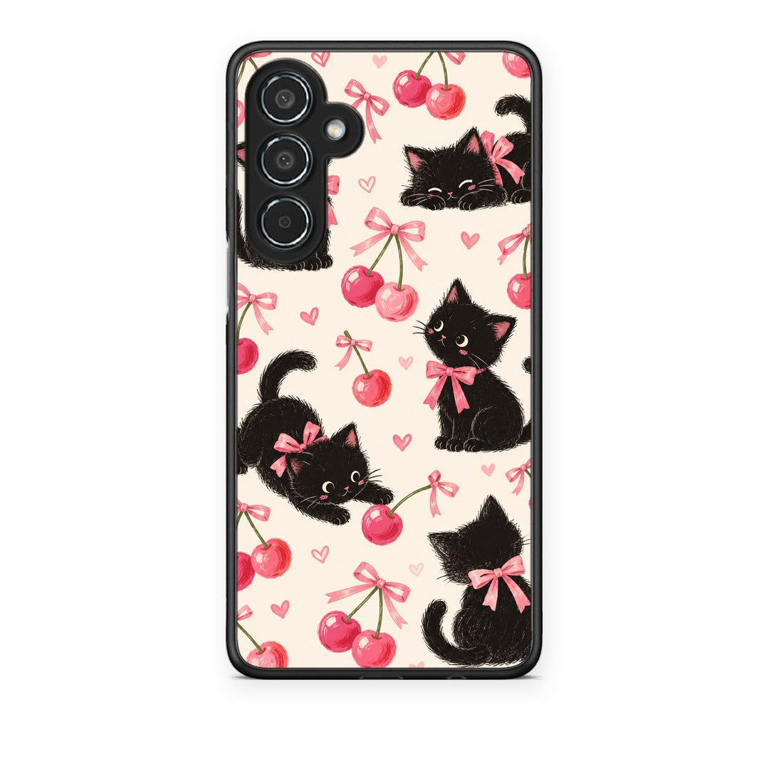 Θήκη Samsung Galaxy M35 5G Black Kittens and Cherries on Cream από τη Smartfits με σχέδιο στο πίσω μέρος και μαύρο περίβλημα | Samsung Galaxy M35 5G Black Kittens and Cherries on Cream case with colorful back and black bezels