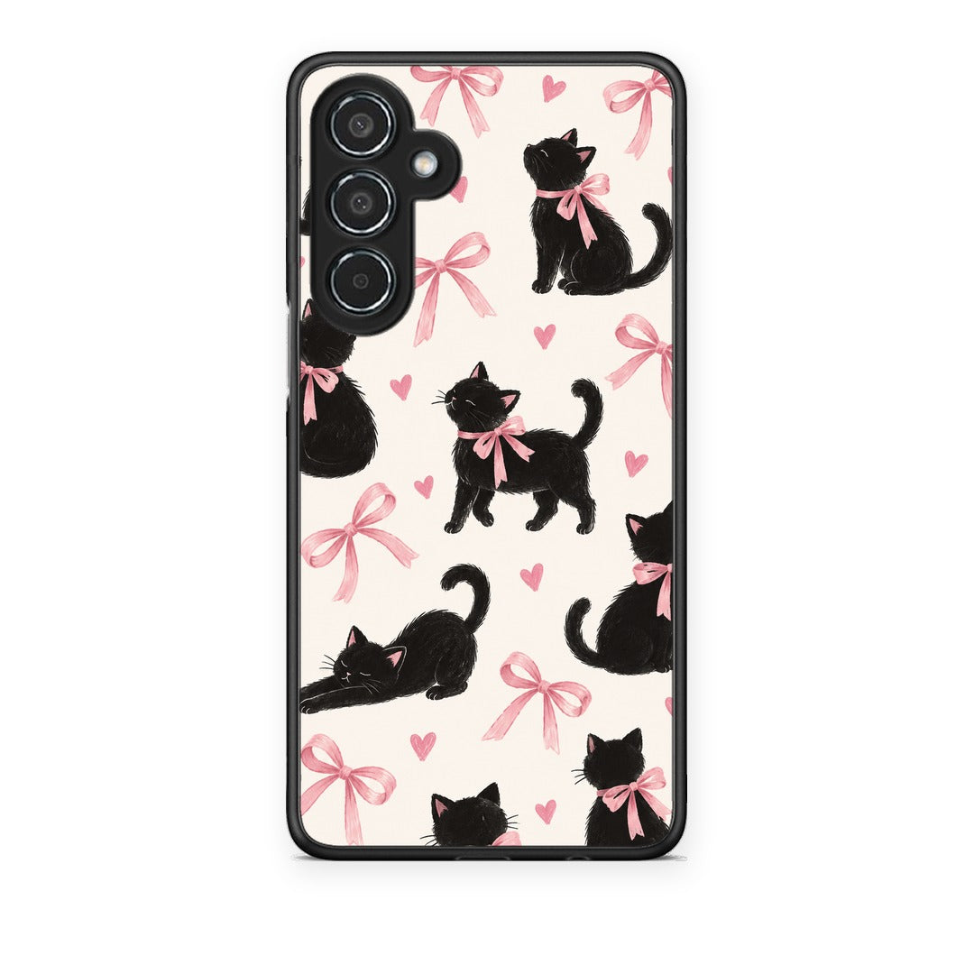Θήκη Samsung Galaxy M35 5G Black Kittens and Pink Bows on Cream Large από τη Smartfits με σχέδιο στο πίσω μέρος και μαύρο περίβλημα | Samsung Galaxy M35 5G Black Kittens and Pink Bows on Cream Large case with colorful back and black bezels
