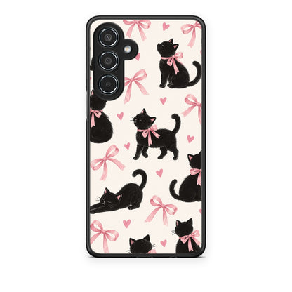Θήκη Samsung Galaxy M35 5G Black Kittens and Pink Bows on Cream Large από τη Smartfits με σχέδιο στο πίσω μέρος και μαύρο περίβλημα | Samsung Galaxy M35 5G Black Kittens and Pink Bows on Cream Large case with colorful back and black bezels