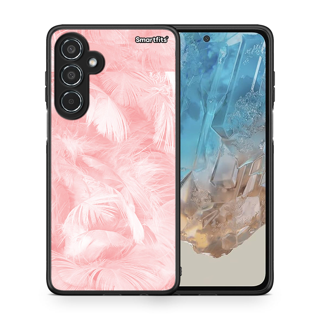 Θήκη Samsung Galaxy M35 5G Pink Feather Boho από τη Smartfits με σχέδιο στο πίσω μέρος και μαύρο περίβλημα | Samsung Galaxy M35 5G Pink Feather Boho case with colorful back and black bezels