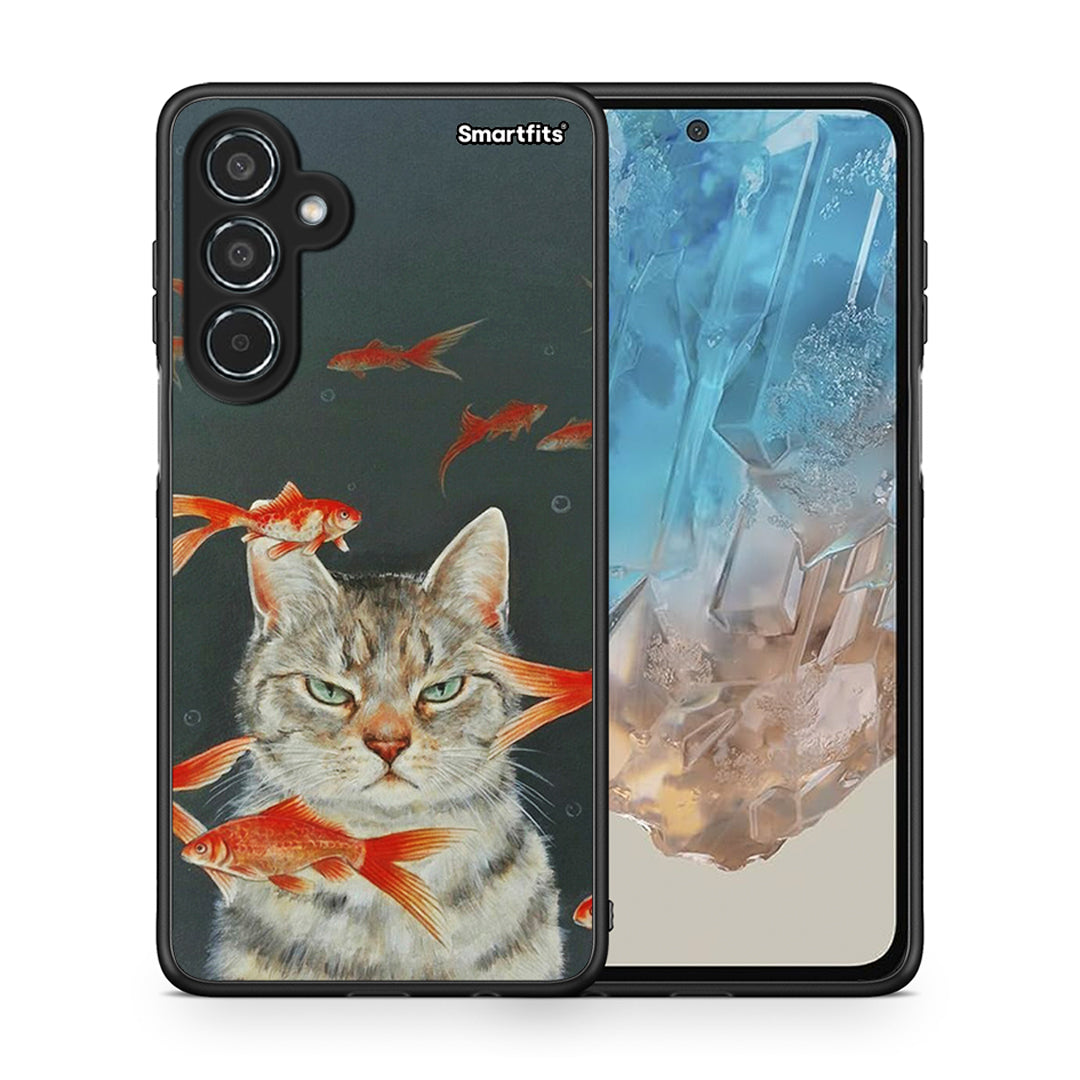 Θήκη Samsung Galaxy M35 5G Cat Goldfish από τη Smartfits με σχέδιο στο πίσω μέρος και μαύρο περίβλημα | Samsung Galaxy M35 5G Cat Goldfish case with colorful back and black bezels