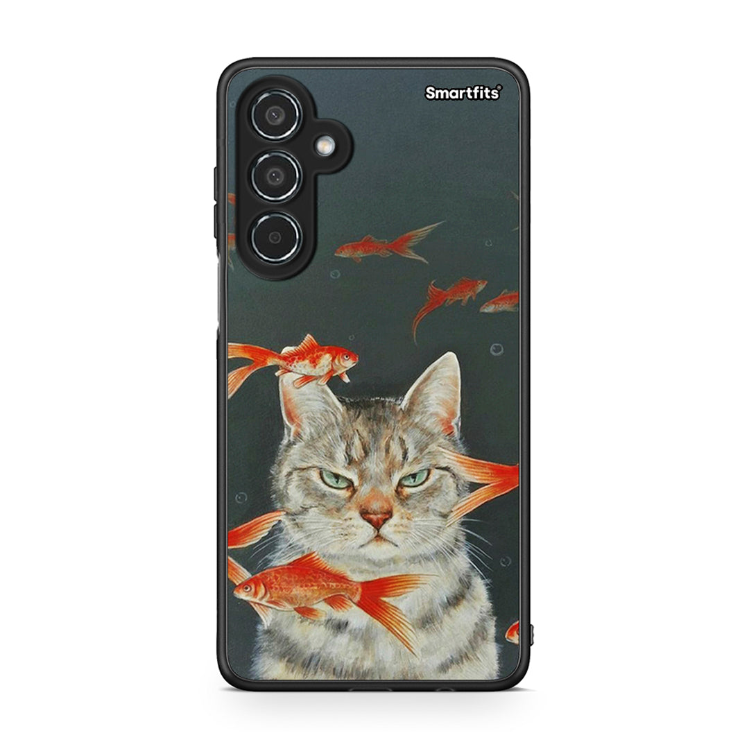 Samsung Galaxy M35 5G Cat Goldfish θήκη από τη Smartfits με σχέδιο στο πίσω μέρος και μαύρο περίβλημα | Smartphone case with colorful back and black bezels by Smartfits